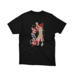 A Black tee depicting a vintage basketball player, from Apparel by Cetakshop, for those who love the game. The image shows a basketball legends graphic tees.