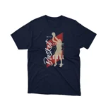 A Navy tee depicting a vintage basketball player, from Apparel by Cetakshop, for those who love the game.