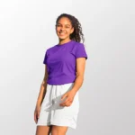 Image of young lady wearing Crossrunner Dry Pique Sport T Shirt, CRR 3600 Round Neck T-Shirt in Purple