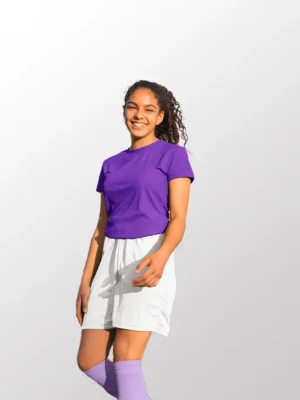 Image of young lady wearing Crossrunner Dry Pique Sport T Shirt, CRR 3600 Round Neck T-Shirt in Purple