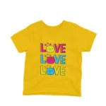 Love Love Love with Cute Faces kids t-shirt design from Apparel by Cetakshop on a yellow background.