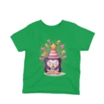 A festive penguin with birthday cake on a kids Irish Green t-shirt by Apparel by Cetakshop, the life of the party in tee form.