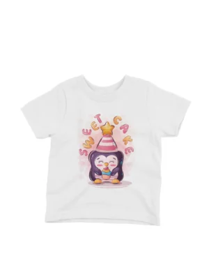 Penguin Birthday Party Tee by Apparel by Cetakshop. A festive penguin with birthday cake on a kids White t-shirt, the life of the party in tee form.