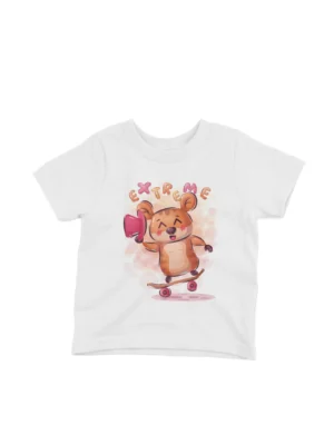 Extreme Sports Bear Tee by Apparel by Cetakshop. An adventurous bear on a skateboard on a kids White t-shirt, perfect for your little daredevil.