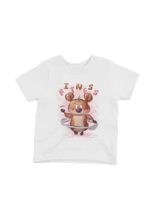 Fitness Bear Tee by Apparel by Cetakshop. A bear enjoying fitness with a hula hoop on a kids White t-shirt, inspiring a healthy lifestyle.