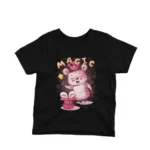 A bear performing magic tricks on a kids Black t-shirt by Apparel by Cetakshop, casting a spell of style.