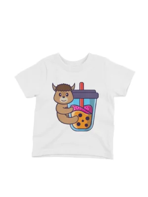 Cartoon Animal with Boba Tee by Apparel by Cetakshop. Kids' white t-shirt displaying a heartwarming cartoon animal enjoying boba tea, crafted with love, perfect for a stylish and playful look.