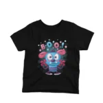 A playful cartoon monster featured on a kids Black t-shirt by Apparel by Cetakshop, ideal for adding a fun twist to your child's wardrobe.