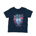 A playful cartoon monster featured on a kids Navy t-shirt by Apparel by Cetakshop, ideal for adding a fun twist to your child's wardrobe.