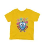 A playful cartoon monster featured on a kids Yellow t-shirt by Apparel by Cetakshop, ideal for adding a fun twist to your child's wardrobe.