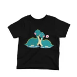 A friendly dinosaur graphic on a kids Black t-shirt by Apparel by Cetakshop, making prehistory fashionable.