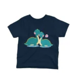 A friendly dinosaur graphic on a kids Navy t-shirt by Apparel by Cetakshop, making prehistory fashionable.