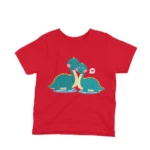 A friendly dinosaur graphic on a kids Red t-shirt by Apparel by Cetakshop, making prehistory fashionable.