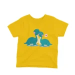 A friendly dinosaur graphic on a kids Yellow t-shirt by Apparel by Cetakshop, making prehistory fashionable.