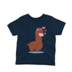 A cute llama with hearts on a kids Navy t-shirt by Apparel by Cetakshop, for a 'llamazingly' stylish look.