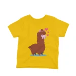 A cute llama with hearts on a kids Yellow t-shirt by Apparel by Cetakshop, for a 'llamazingly' stylish look.