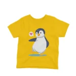 A charming penguin with a heart on a kids Yellow t-shirt by Apparel by Cetakshop, ideal for chilly days and cool style.