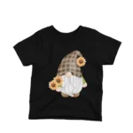 A playful garden gnome among flowers on a kids Black t-shirt by Apparel by Cetakshop, perfect for outdoor fun.