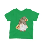 A playful garden gnome among flowers on a kids Irish Green t-shirt by Apparel by Cetakshop, perfect for outdoor fun.