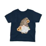 A playful garden gnome among flowers on a kids Navy t-shirt by Apparel by Cetakshop, perfect for outdoor fun.