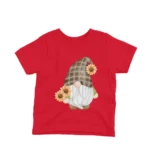 A playful garden gnome among flowers on a kids Red t-shirt by Apparel by Cetakshop, perfect for outdoor fun.