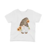 Garden Gnome Tee by Apparel by Cetakshop. A playful garden gnome among flowers on a kids White t-shirt, perfect for outdoor fun.