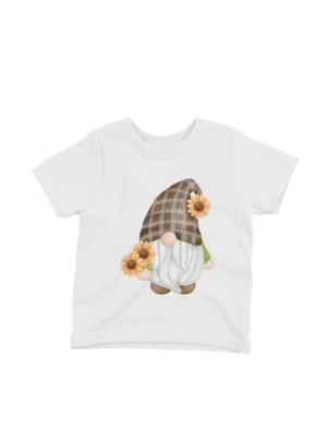 Garden Gnome Tee by Apparel by Cetakshop. A playful garden gnome among flowers on a kids White t-shirt, perfect for outdoor fun.