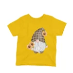 A playful garden gnome among flowers on a kids Yellow t-shirt by Apparel by Cetakshop, perfect for outdoor fun.
