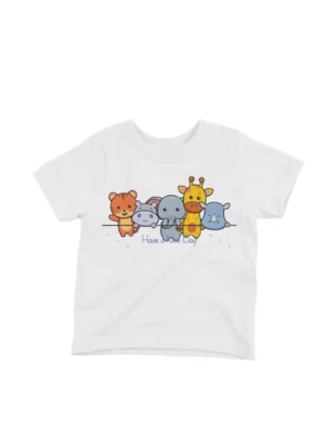 Animal Friends Tee by Apparel by Cetakshop. A collection of cute animals saying 'Have a Nice Day' on a kids White t-shirt, ideal for daily wear.