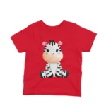A sweet zebra graphic on a kids Red t-shirt by Apparel by Cetakshop, for a walk on the wild side in style.