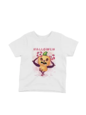 Pumpkin Halloween Tee by Apparel by Cetakshop. A cute pumpkin and ghost cartoon on a kids White t-shirt, perfect for a kid's Halloween outfit.