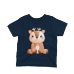 A cheerful reindeer on a kids Navy t-shirt by Apparel by Cetakshop, perfect for festive fun or year-round style.