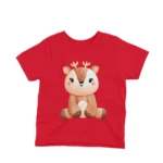 A cheerful reindeer on a kids Red t-shirt by Apparel by Cetakshop, perfect for festive fun or year-round style.