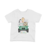 Safari Adventure Tee by Apparel by Cetakshop. A fun safari jeep with animal friends on a kids White t-shirt, for little explorers.