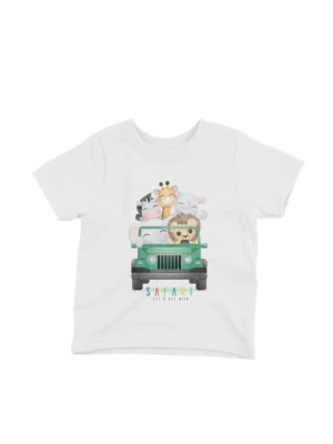 Safari Adventure Tee by Apparel by Cetakshop. A fun safari jeep with animal friends on a kids White t-shirt, for little explorers.