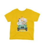 A fun safari jeep with animal friends on a kids Yellow t-shirt by Apparel by Cetakshop, for little explorers.