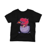 Kids' black t-shirt featuring a friendly red dino hatchling breathing fire, designed by Apparel by Cetakshop, ideal for adding a touch of fantasy to children's casual wear.