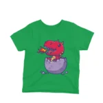 Kids' Irish Green t-shirt featuring a friendly red dino hatchling breathing fire, designed by Apparel by Cetakshop, ideal for adding a touch of fantasy to children's casual wear.