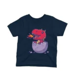 Kids' navy t-shirt featuring a friendly red dino hatchling breathing fire, designed by Apparel by Cetakshop, ideal for adding a touch of fantasy to children's casual wear.