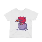 Red Dino Hatchling Tee by Apparel by Cetakshop. Kids' white t-shirt featuring a friendly red dino hatchling breathing fire, designed, ideal for adding a touch of fantasy to children's casual wear.