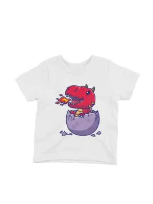 Red Dino Hatchling Tee by Apparel by Cetakshop. Kids' white t-shirt featuring a friendly red dino hatchling breathing fire, designed, ideal for adding a touch of fantasy to children's casual wear.