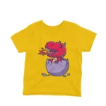 Kids' yellow t-shirt featuring a friendly red dino hatchling breathing fire, designed by Apparel by Cetakshop, ideal for adding a touch of fantasy to children's casual wear.