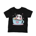 A relaxing panda in a cup on a kids Black t-shirt by Apparel by Cetakshop, for a blend of comfort and charm.