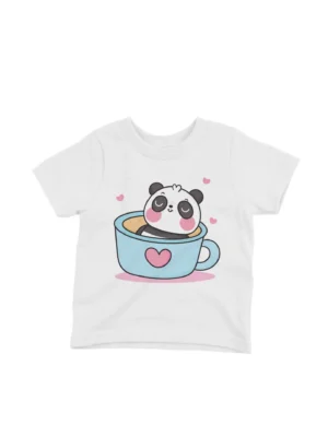 Panda in a Cup Tee by Apparel by Cetakshop. A relaxing panda in a cup on a kids White t-shirt, for a blend of comfort and charm.