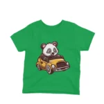 A bear driving a vintage car on a kids Irish Green t-shirt by Apparel by Cetakshop, cruising in style.