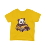 A bear driving a vintage car on a kids Yellow t-shirt by Apparel by Cetakshop, cruising in style.