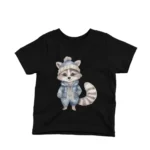 A stylish raccoon in clothes on a kids Black t-shirt by Apparel by Cetakshop, for trendsetting tots.