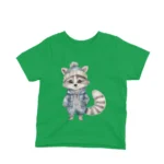 A stylish raccoon in clothes on a kids Irish Green t-shirt by Apparel by Cetakshop, for trendsetting tots.