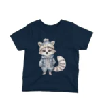 A stylish raccoon in clothes on a kids Navy t-shirt by Apparel by Cetakshop, for trendsetting tots.