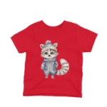 A stylish raccoon in clothes on a kids Red t-shirt by Apparel by Cetakshop, for trendsetting tots.